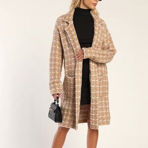 Lulus Cozy Conditions Tan And White Knit Plaid Coatigan Beige - Size S